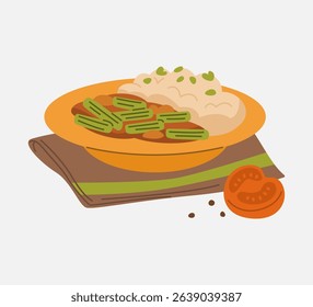 Illustration of Drumstick Masala, a South Indian vegetable curry made with moringa pods and spices, served with steamed rice.