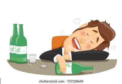 Illustration of a Drunk Businessman Who Finished Bottles of Soju