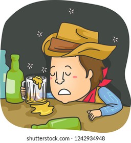 Illustration of a Drunk Cowboy in the Bar