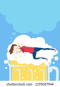 Illustration of a Drunk Man Sleeping on Bubbles of Beer with Blank Thinking Cloud