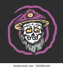 illustration of a drunk old skull wearing a magic mushroom hat on a black background in vintage style