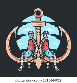 illustration of drunken skull at anchor.retro and vintage style