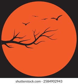 Illustration of dry trees and flying birds With a circle background 