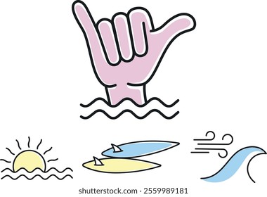 illustration du signe de la main "SHAKA" avec un soleil à l'horizon, des planches de surf et un coup de vent sur une vague