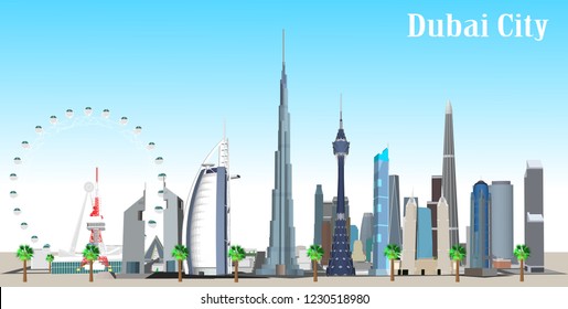 illustration of Dubai city in United Arab Emirates and its landmarks. Famous buildings included such as Burj Khalifa, Burj Al Arab, Dubai Atlantis, and cities notable tall buildings.