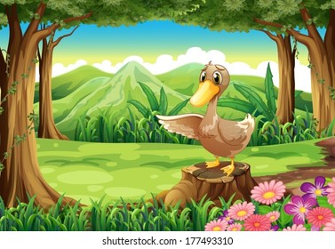 Illustration of a duck above the stump at the forest
