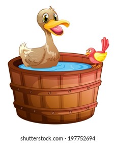 Illustration of a duck and a bird taking a bath on a white background