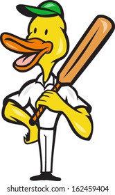 Illustration of a duck cricket player batsman with bat batting facing front on isolated white background done in cartoon style.