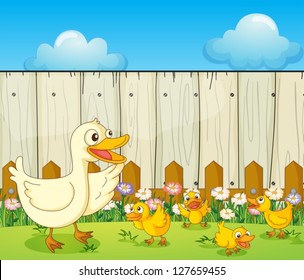 Illustration of a duck and ducklings insde a fence