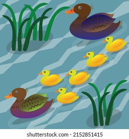 An illustration of a duck family in the pond.