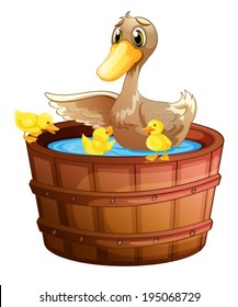 Illustration of a duck and her ducklings at the bathtub on a white background