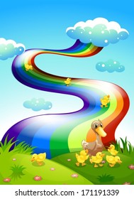 Illustration of a duck and her ducklings at the hilltop with a rainbow above