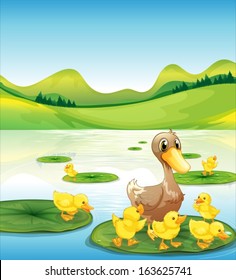 Illustration of a duck and her ducklings at the pond