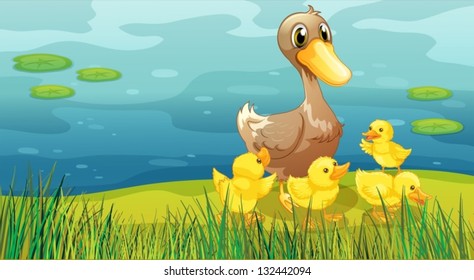 Illustration duck   her ducklings at the riverbank