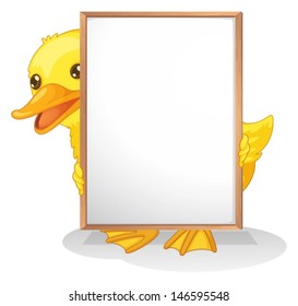 Illustration of a duck hiding at the back of an empty whiteboard on a white background 