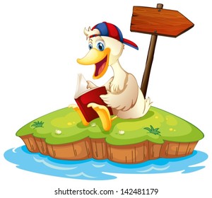 Illustration of a  duck reading beside the empty arrowboard on a white background