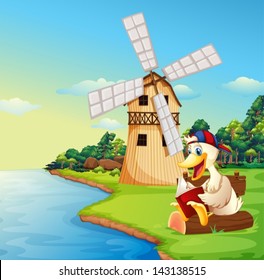 Illustration of a duck reading a book near the windmill