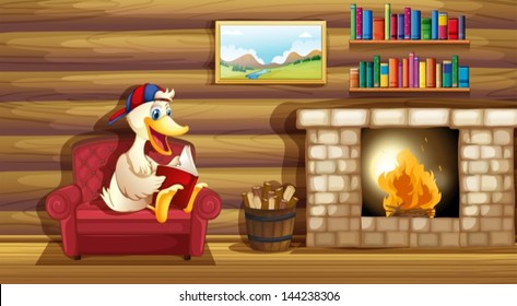 Illustration of a duck reading a book near the fireplace