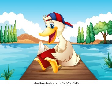 Illustration of duck reading a book at the port