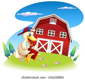Illustration of a duck reading near the barnhouse on a white background