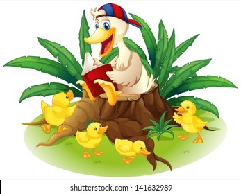 Illustration of a duck reading on a stump with her ducklings on a white background