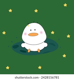illustration of a duck sitting in a puddle in the middle of a green meadow and daisies