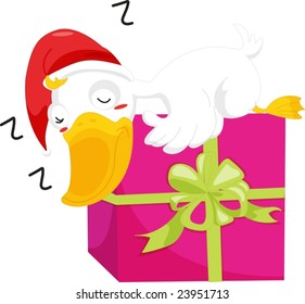 illustration of duck sleeping on christmas present