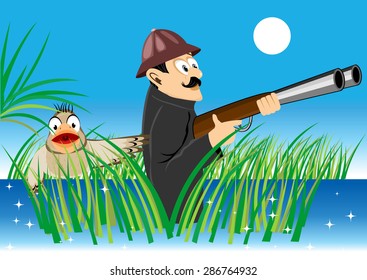 illustration of a duck standing behind the hunter with a gun