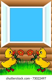 illustration duckling flowers and open window