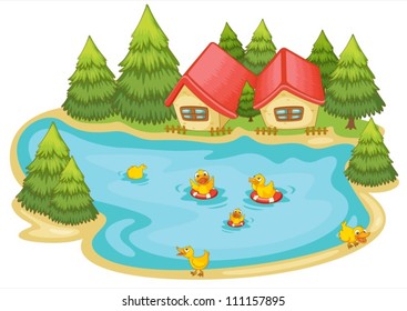 illustration of ducklings in a pond in nature