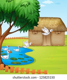 Illustration of ducks, a house and a beautiful landscape