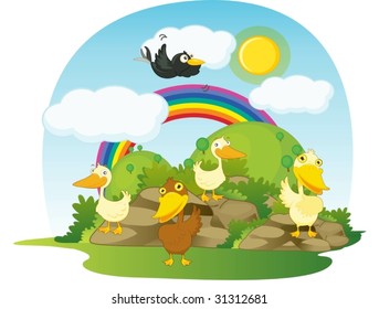 illustration of ducks on ranbow background