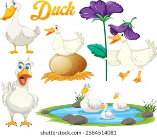 Illustration of ducks in playful and natural settings