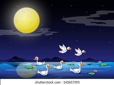 Illustration of the ducks at the pond in a moonlight scenery
