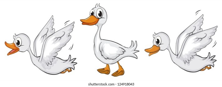Ilustración de patos caminando y volando sobre un fondo blanco