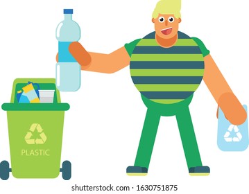 An illustration of a dude distinguishing plastic trash. A recycle colorful vector illustration, this illustration can use as a sticker also. 