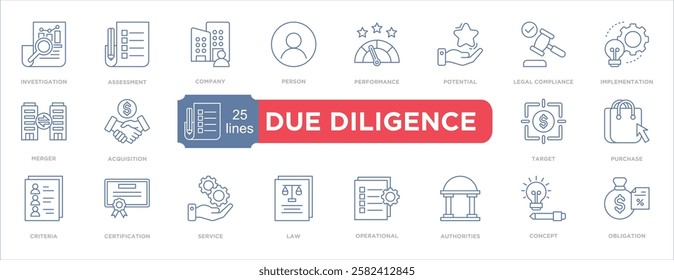 Illustration of due diligence process showcasing key concepts with iconography. Includes terms like investigation, assessment, legal, and compliance for business and professional guidance.