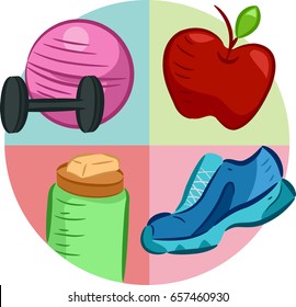 Illustration of a Dumb Bell, Exercise Ball, Apple, Water Bottle and Rubber Shoes