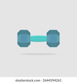 Illustration of a dumbbell with a grayish blue hexagonal weight side, connected by a light blue handle bar. Flat design style