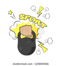 Illustration with dumbbell and hand in retro comics style.