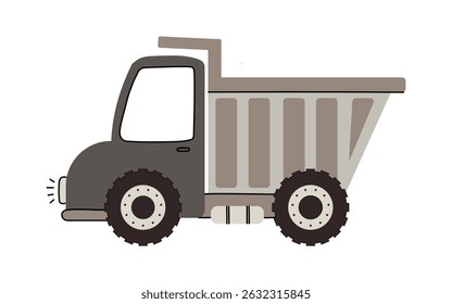 Illustration of a dump truck in neutral brown and beige tones with large durable tires and simple flat design on a white background. Vehicle for children. Vector