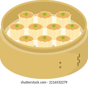 Illustration of dumpling in a bamboo steamer