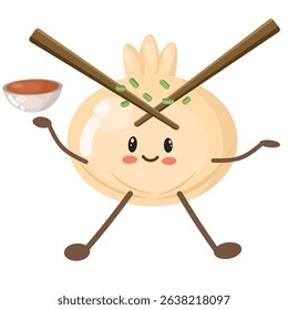illustration of a dumpling and sauce food character mascot with a chopstick on its head