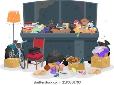 Illustration of Dumpster Full of Items Like Bicycle, Lampshade, Chair, Books, Toys, Bags for Salvaging