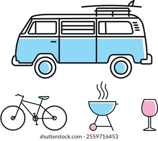 Illustration d'un van, d'un vélo, d'un barbecue et d'un verre à pied