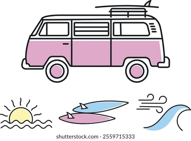 Illustration d'un van, d'un soleil à l'horizon, de deux planches de surf et d'un coup de vent dans une vague