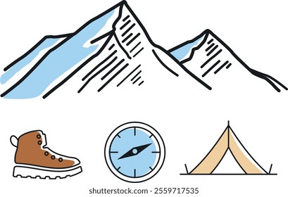 Illustration d'une montagne, d'une chaussure de randonnée, d'une boussole et d'une toile de tente 