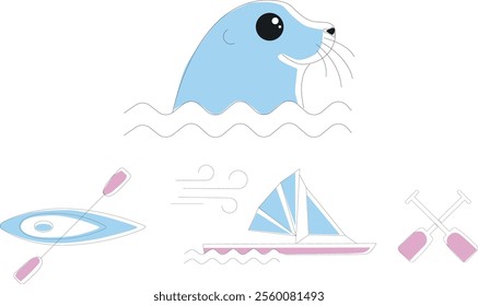 Illustration d'une otarie dans l'eau avec un kayac et les pagaies, voilier propulsé par le vent et des pelles à sable