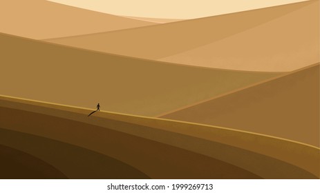 Illustration of the dunes of the desert and a person's silhouette with shadow on sand