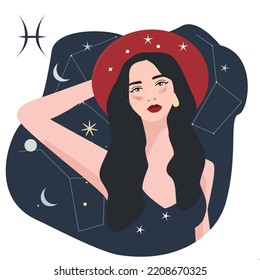 illustration of the dungeon horoscope and zodiac signs. Beautiful girl against the background of the stars. Mystical hand drawing in vintage style. Portrait of a girl with flying stars and Pisces 